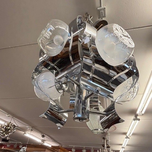 Lampadario Chandelier Mazzega anni 70 vetro e acciaio – sei luci  . Modernariato – design . h 50