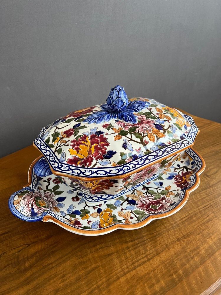 Gien Soup Tureen and Platter, Peony Decor, 20th Century