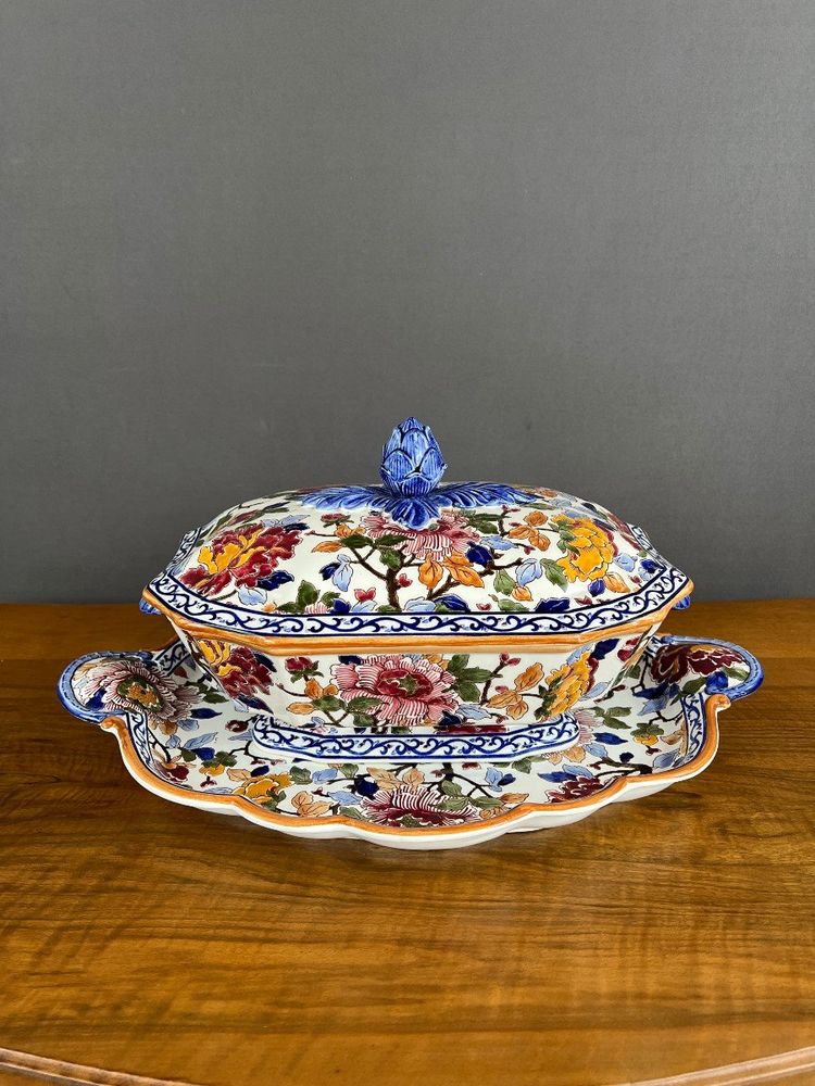 Gien Soup Tureen and Platter, Peony Decor, 20th Century