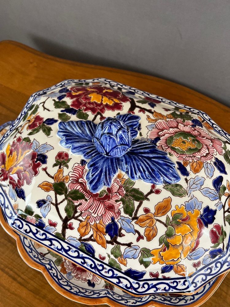 Gien Soup Tureen and Platter, Peony Decor, 20th Century