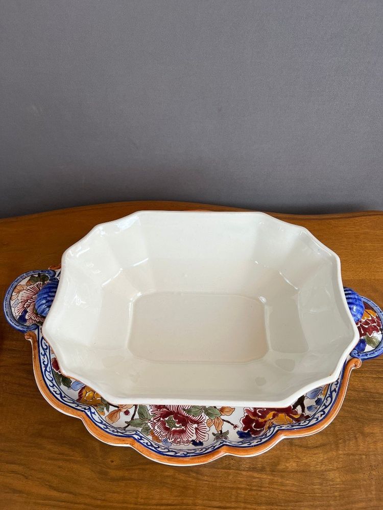 Gien Soup Tureen and Platter, Peony Decor, 20th Century