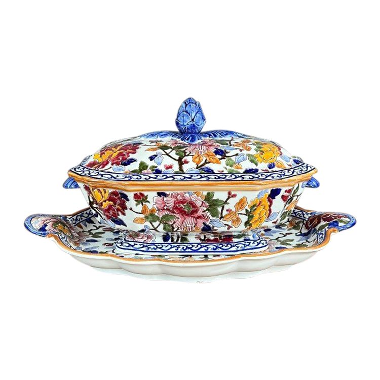 Gien Soup Tureen and Platter, Peony Decor, 20th Century