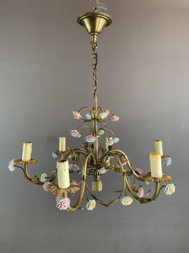 Lampadario floreale in porcellana e ottone del XX secolo