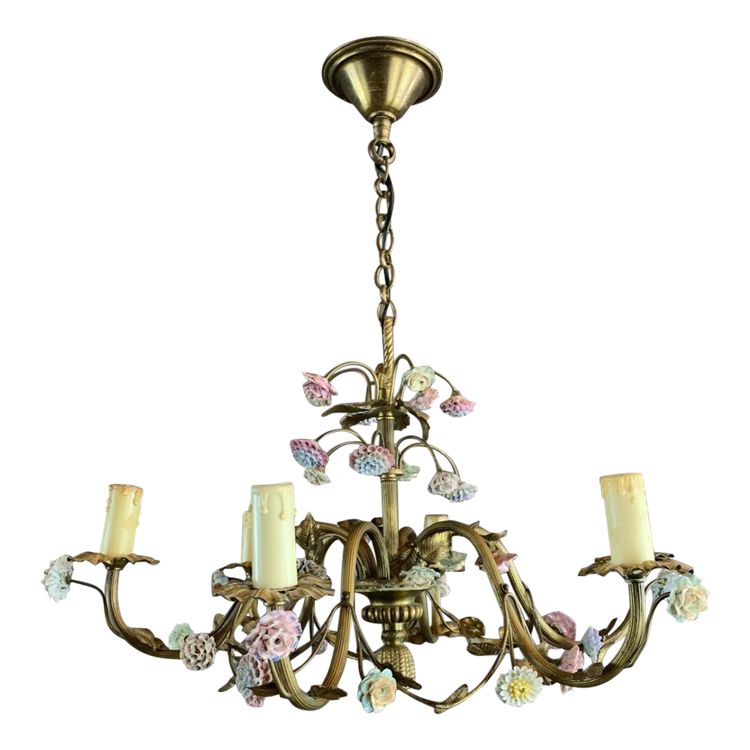Lampadario floreale in porcellana e ottone del XX secolo