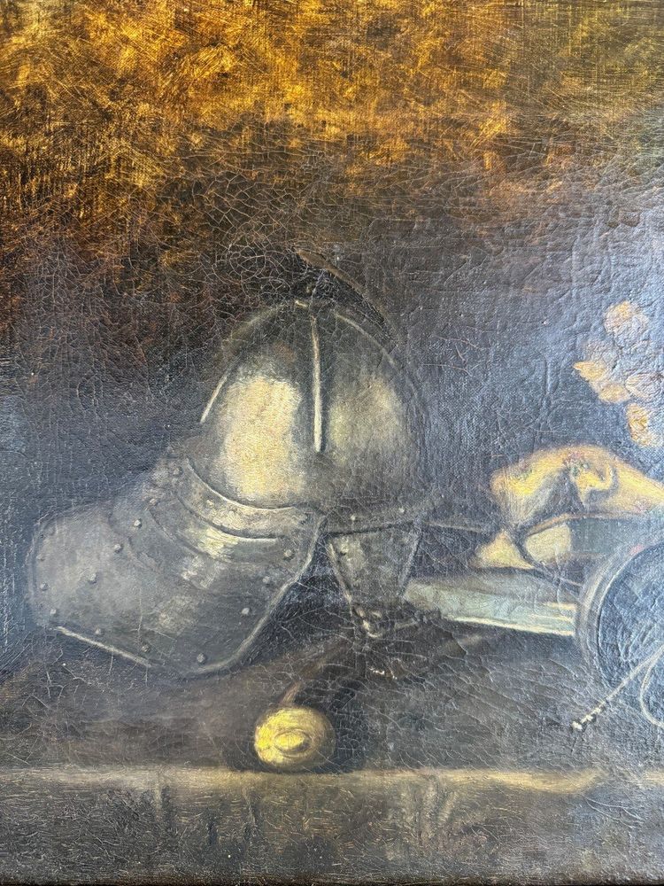 Nature Morte Avec Casque Et Objets Anciens XIXe Siècle