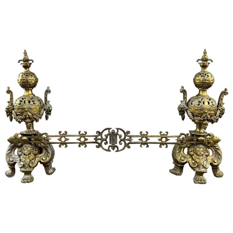 Pair De Chenets Anciens En Bronze Doré, Fin XIXe Siècle