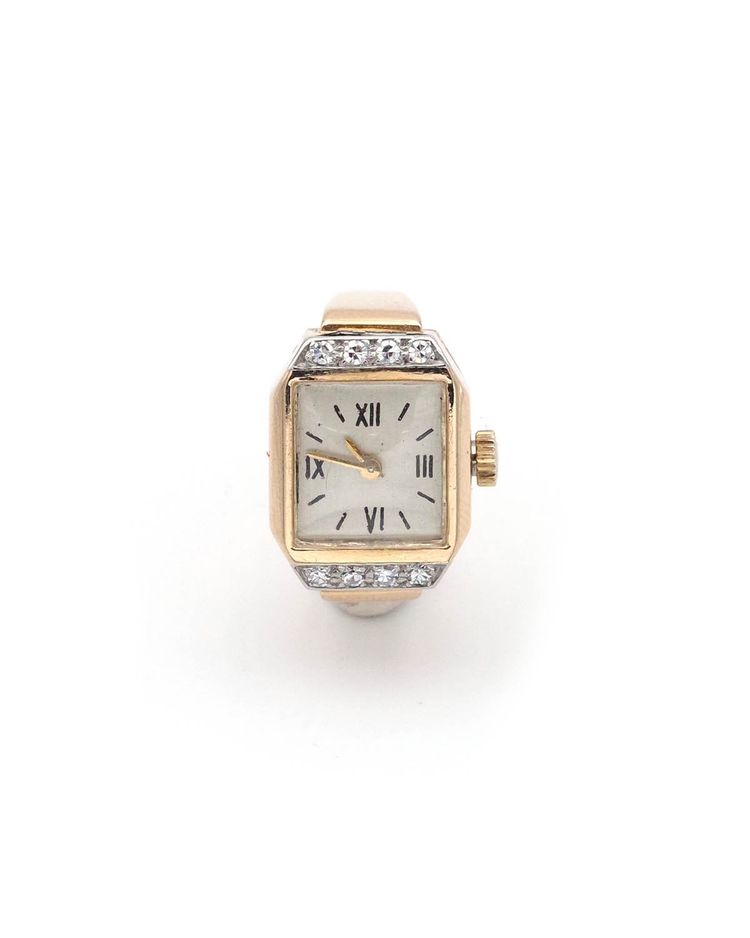 Bague montre tank en or 18 karats et diamants, bague ancienne, Rétro, montre, bijou rétro, diamants 