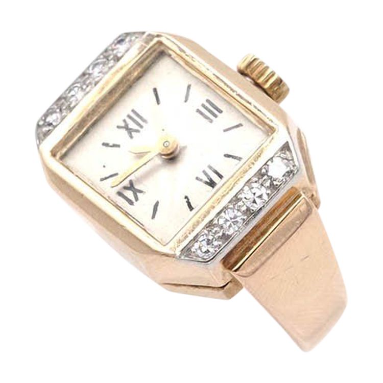 Bague montre tank en or 18 karats et diamants, bague ancienne, Rétro, montre, bijou rétro, diamants 