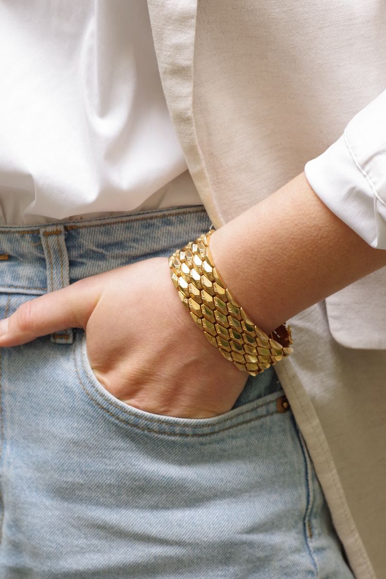 Bracciale a fascia larga retrò in oro 18k, sfaccettato, bracciale a fascia, gioielli italiani