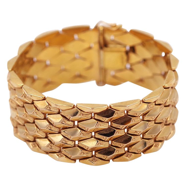Bracciale a fascia larga retrò in oro 18k, sfaccettato, bracciale a fascia, gioielli italiani