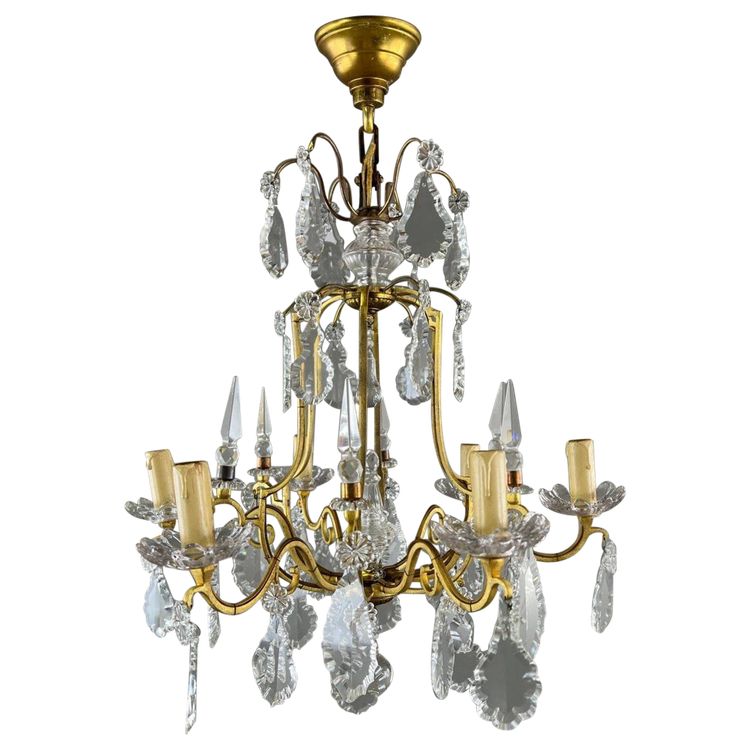 Lustre En Laiton Et Cristal, XXe Siècle