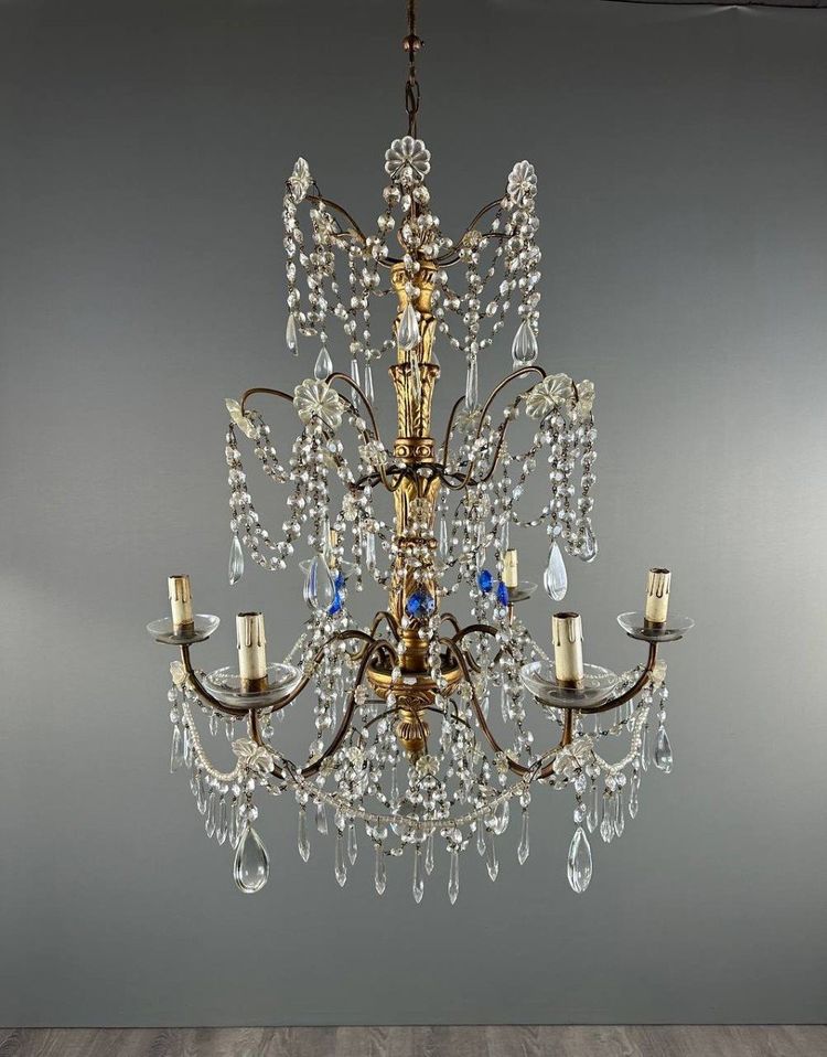 Italian Crystal And Gilded Wood Chandelier, Early 20th Century