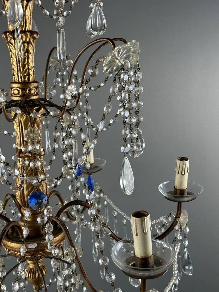 Italian Crystal And Gilded Wood Chandelier, Early 20th Century
