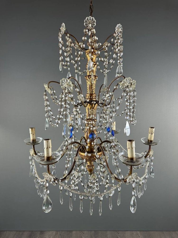 Italian Crystal And Gilded Wood Chandelier, Early 20th Century