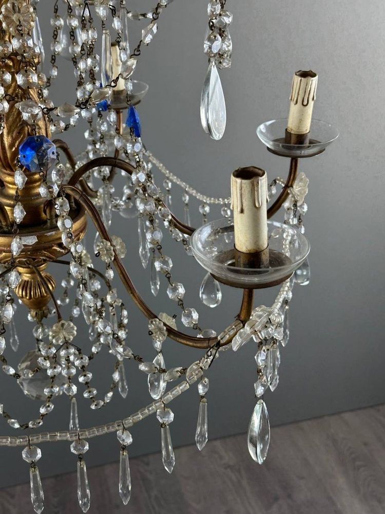 Italian Crystal And Gilded Wood Chandelier, Early 20th Century