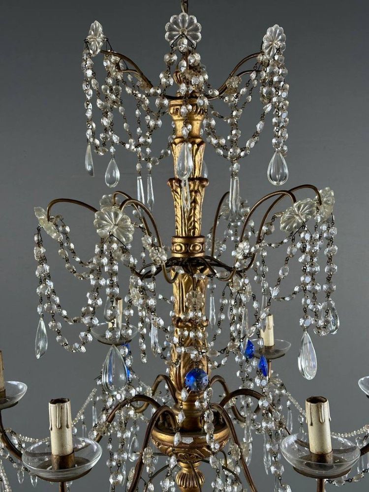 Italian Crystal And Gilded Wood Chandelier, Early 20th Century