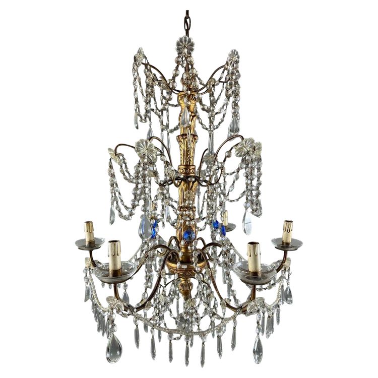 Italian Crystal And Gilded Wood Chandelier, Early 20th Century