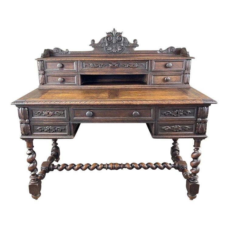 Bureau En Chêne Sculpté, Style Renaissance, XIXe Siècle