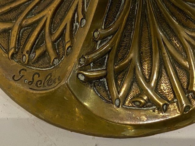 Lampada a olio con cardi in bronzo e ottone dorato di Georges LELEU - Art Nouveau 1900