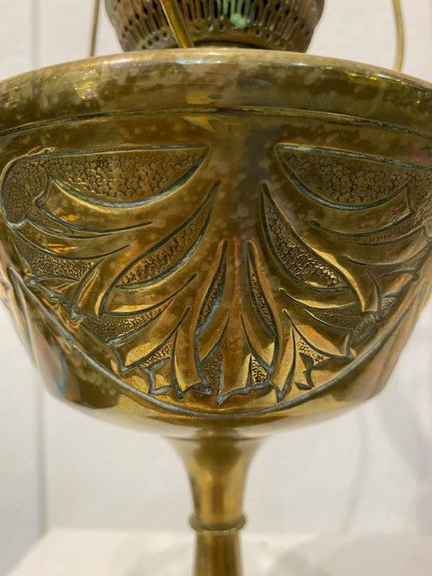 Lampada a olio con cardi in bronzo e ottone dorato di Georges LELEU - Art Nouveau 1900
