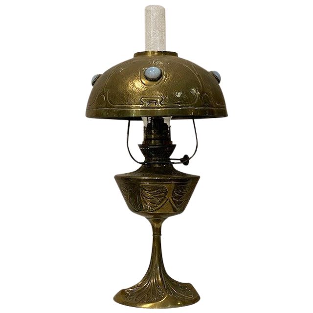 Lampada a olio con cardi in bronzo e ottone dorato di Georges LELEU - Art Nouveau 1900