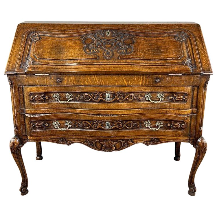 Secretaire in legno intagliato, stile Luigi XV, inizio XX secolo