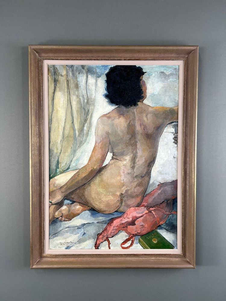 Seated Nude Painting, Oil on Canvas Signed, 1938, 20th Century