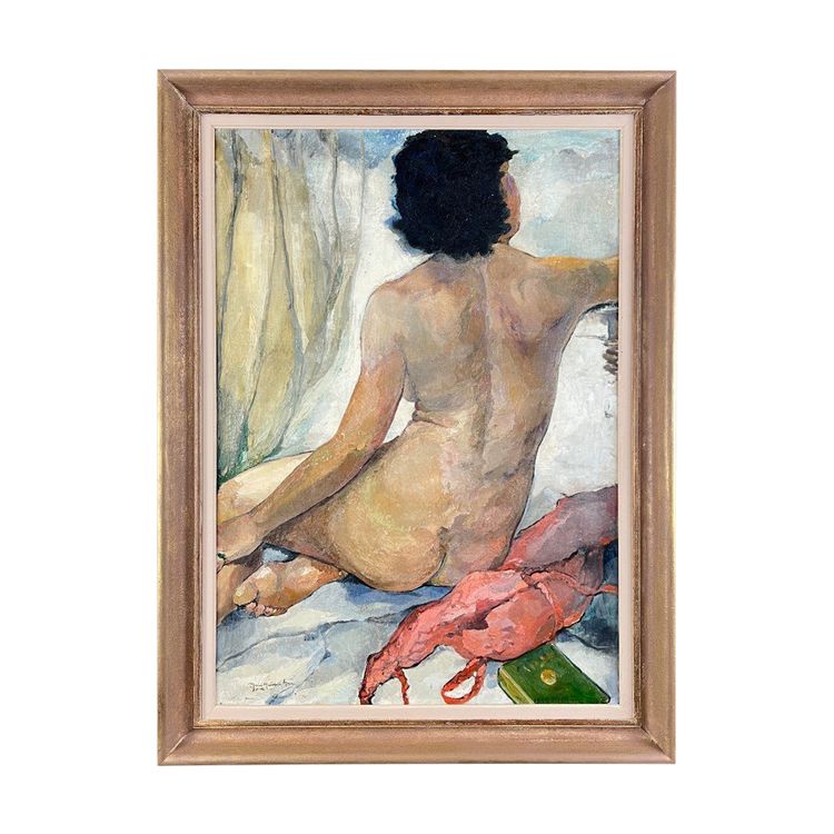 Seated Nude Painting, Oil on Canvas Signed, 1938, 20th Century