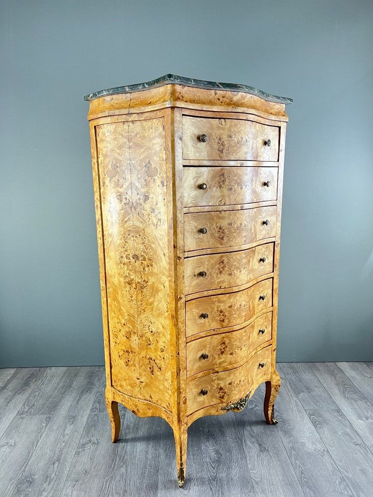 Commode Meuble De Rangement Louis XV En Loupe De Thuya Et Marbre, époque XIXe Siècle