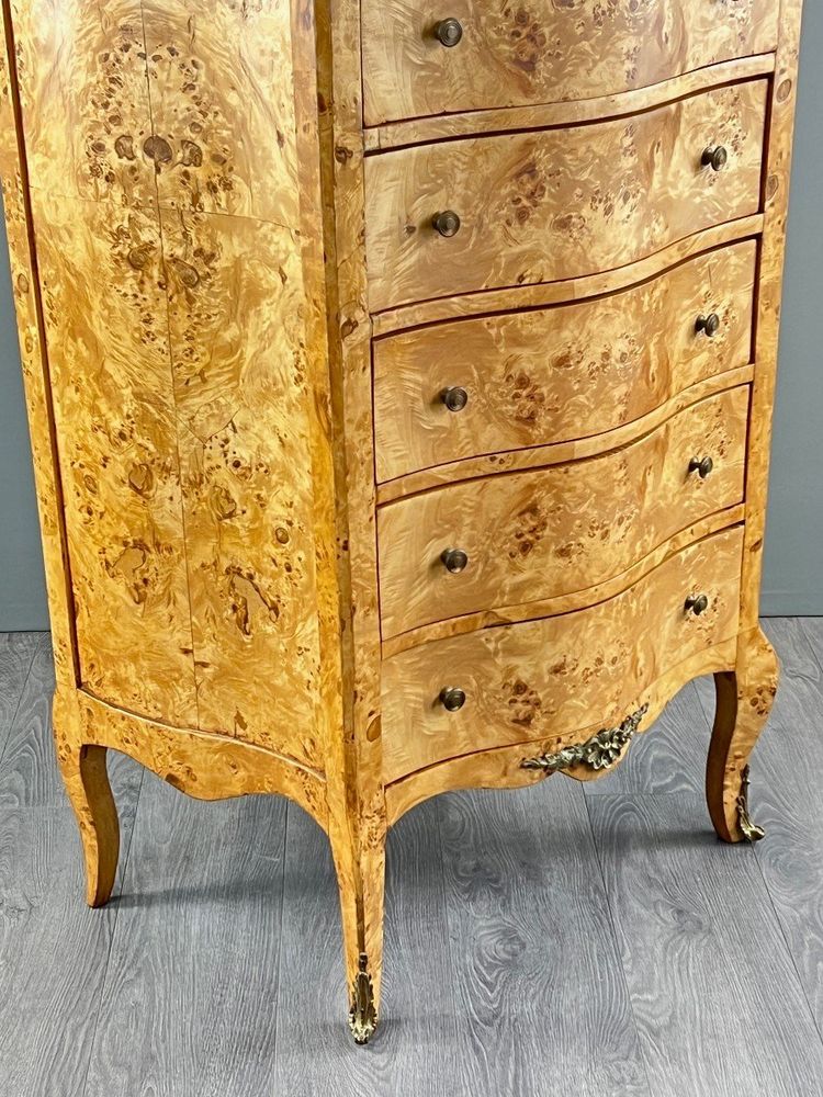 Commode Meuble De Rangement Louis XV En Loupe De Thuya Et Marbre, époque XIXe Siècle