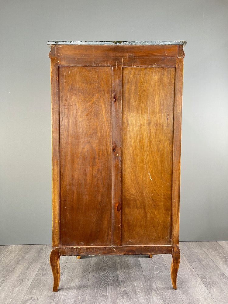 Commode Meuble De Rangement Louis XV En Loupe De Thuya Et Marbre, époque XIXe Siècle