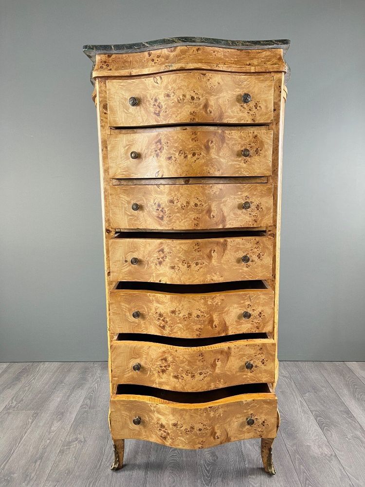 Commode Meuble De Rangement Louis XV En Loupe De Thuya Et Marbre, époque XIXe Siècle