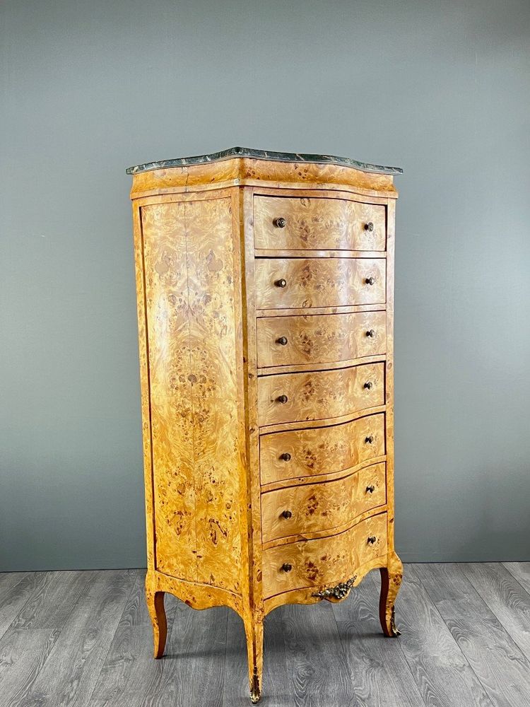 Commode Meuble De Rangement Louis XV En Loupe De Thuya Et Marbre, époque XIXe Siècle