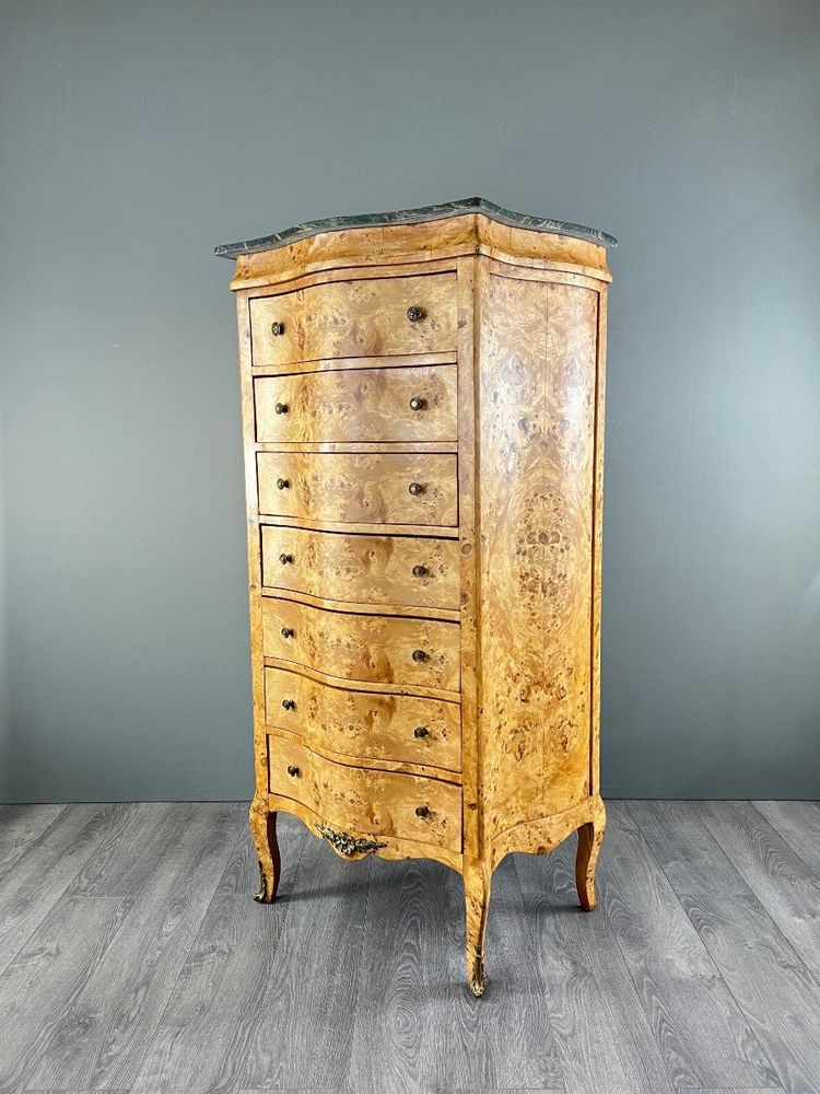 Commode Meuble De Rangement Louis XV En Loupe De Thuya Et Marbre, époque XIXe Siècle