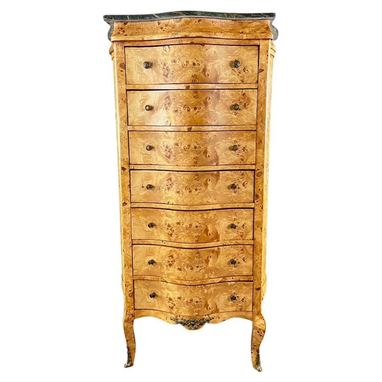 Commode Meuble De Rangement Louis XV En Loupe De Thuya Et Marbre, époque XIXe Siècle