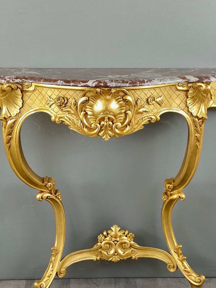 Console Murale De Style Louis XV En Bois Doré Et Marbre, XIXe Siècle