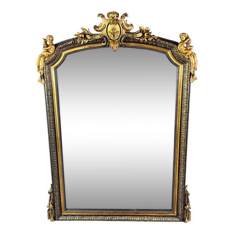 Grand Miroir à Fronton En Bois Sculpté Et Doré, Style Napoléon III