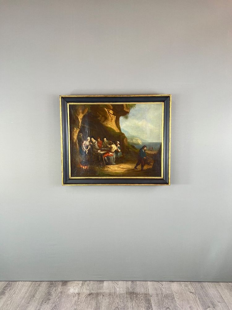 Dipinto ad olio su tela, scena di genere, scuola fiamminga, XVIII secolo
