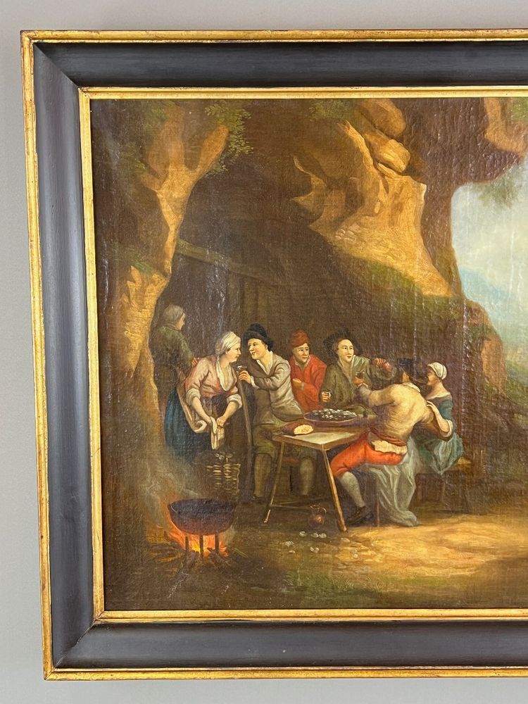 Dipinto ad olio su tela, scena di genere, scuola fiamminga, XVIII secolo