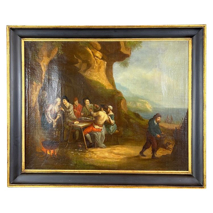 Dipinto ad olio su tela, scena di genere, scuola fiamminga, XVIII secolo