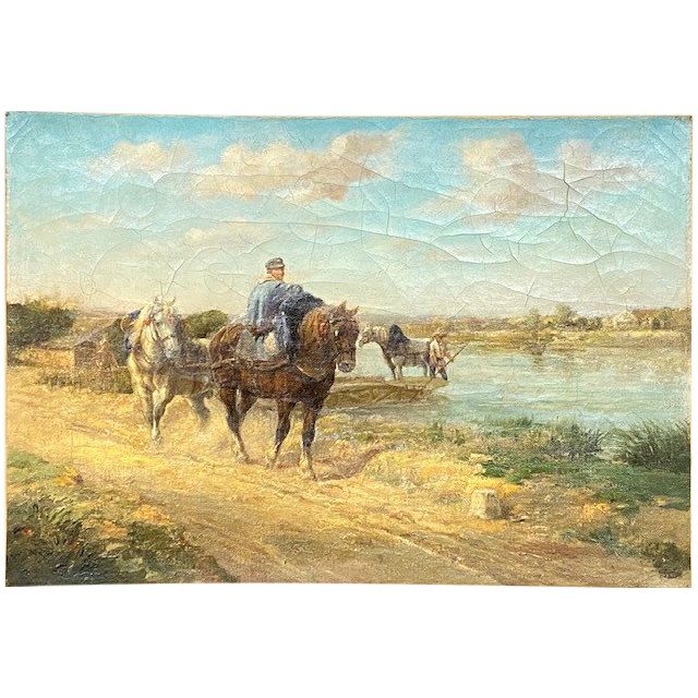 "The Towing Horses" - Unsigned Oil on Canvas - Circa 1860/80