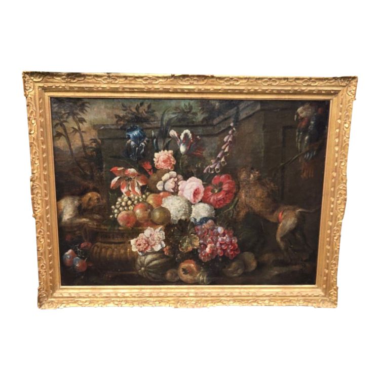 Natura morta con fiori, frutta, scimmia, pappagallo e cane. XVII secolo.
