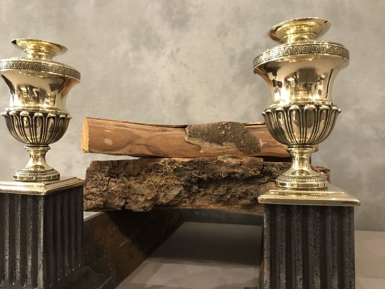 Beautiful pair of antique cast iron and brass andirons from the early 19th century