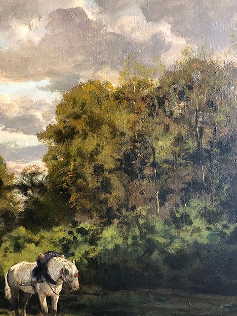Clément Quinton (1851-1920), grande olio su tela "Forestali