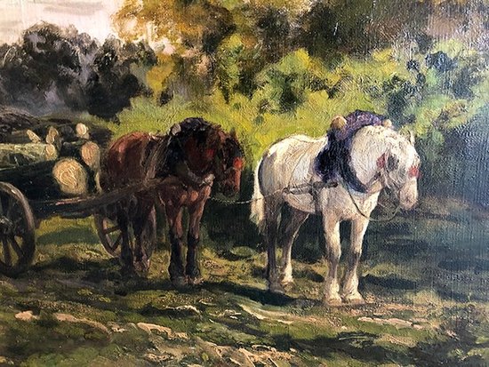 Clément Quinton (1851-1920), grande olio su tela "Forestali
