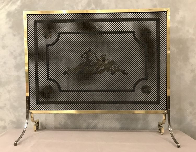 Beau grand pare feu de cheminée ancien en bronze et laiton d'époque 19 ème 