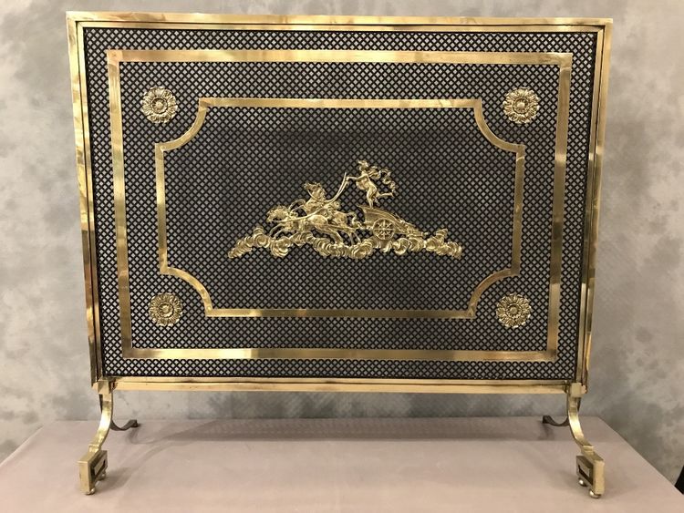 Beau grand pare feu de cheminée ancien en bronze et laiton d'époque 19 ème 