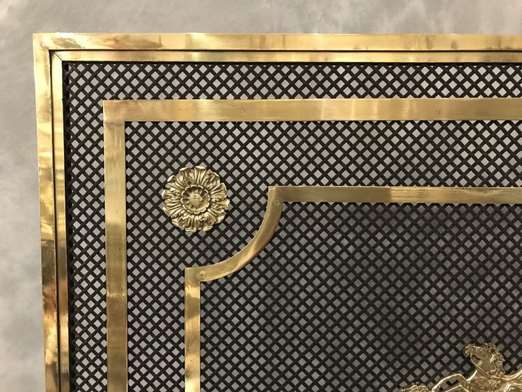 Beau grand pare feu de cheminée ancien en bronze et laiton d'époque 19 ème 