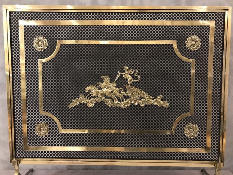 Beau grand pare feu de cheminée ancien en bronze et laiton d'époque 19 ème 