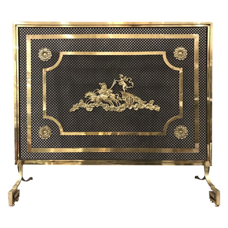Beau grand pare feu de cheminée ancien en bronze et laiton d'époque 19 ème 